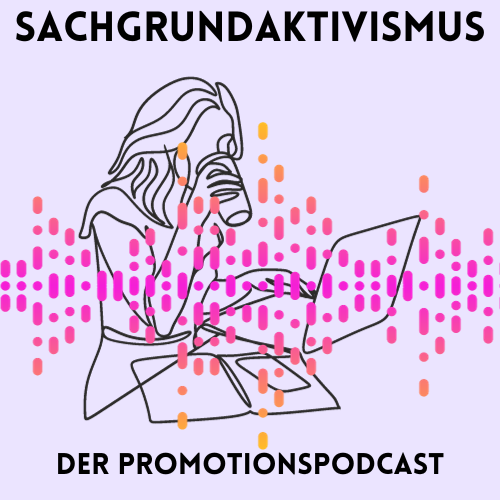 Podcast Logo Sachgrundaktivismus. Rosa Hintergrund: im Vordergrund im Line Art Stil eine Frau, die an einem Tisch vor einem Laptop sitzt und aus einem Becher trinkt. Darübergelegt eine rosa-orangefarbene Tonspur. Oben und unten in schwarzen Buchstaben der Podcasttitel